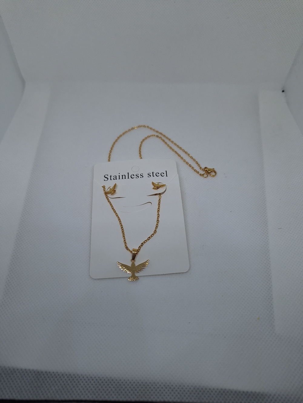 Gold Stainless Steel Eagle Pendant Necklace and Stud Earrings Set
